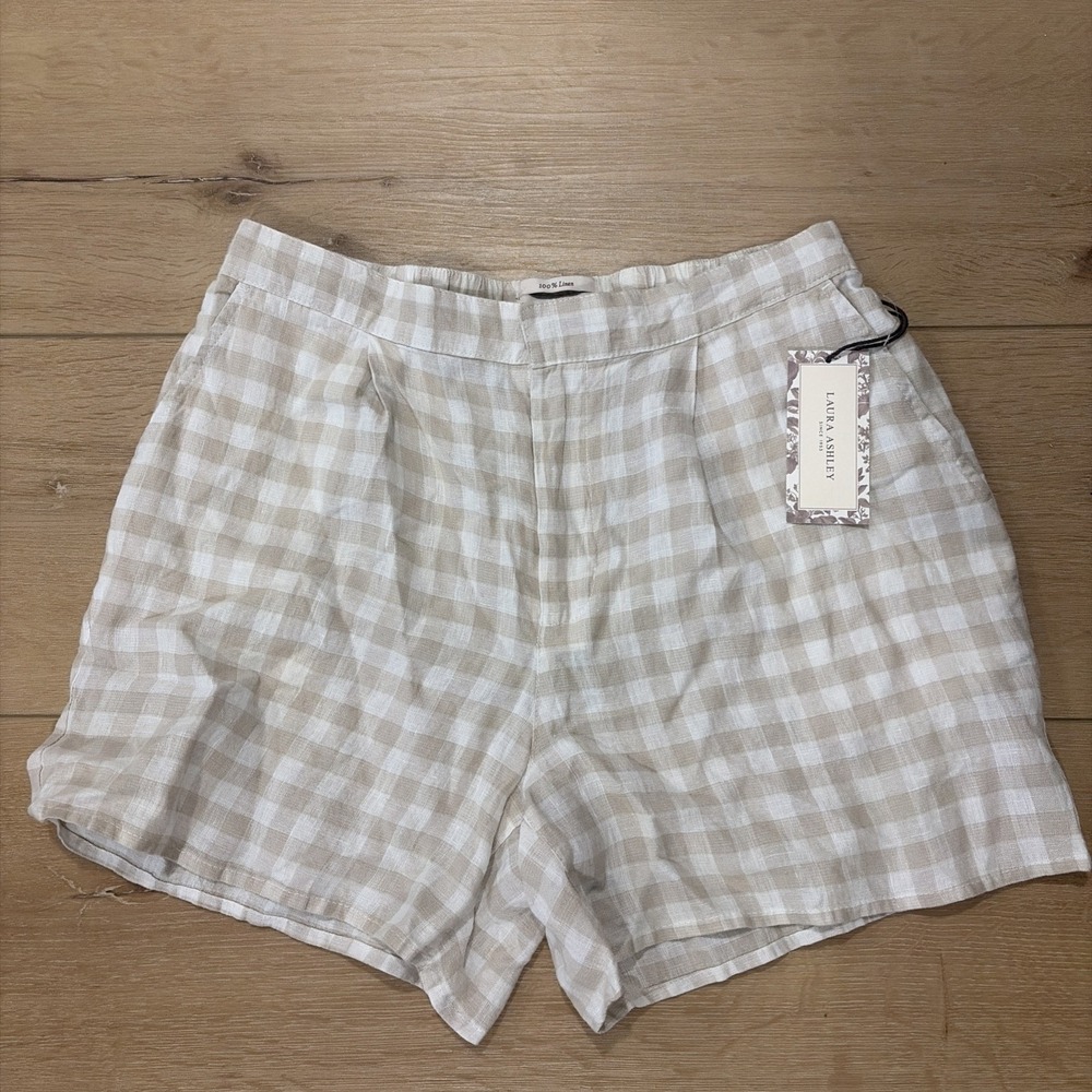 Laura Ashley Tan White Checked High-Waisted Shorts 100% Linen Medium Cottagecore